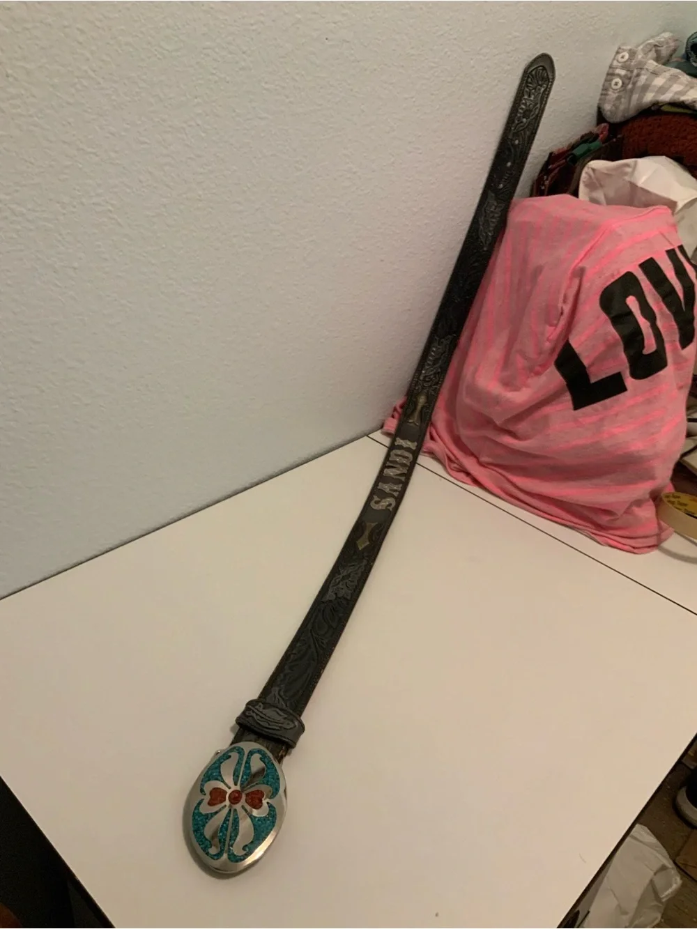 Tony Lama Leather Belt with Personalized Sandy Name & Turquoise/Sliver Buckle